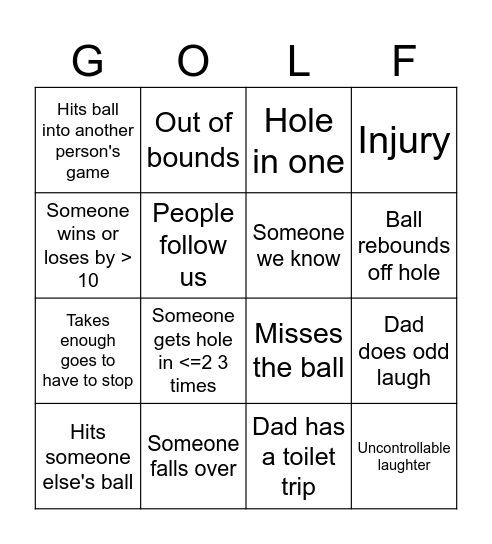 Golf Bingo Card