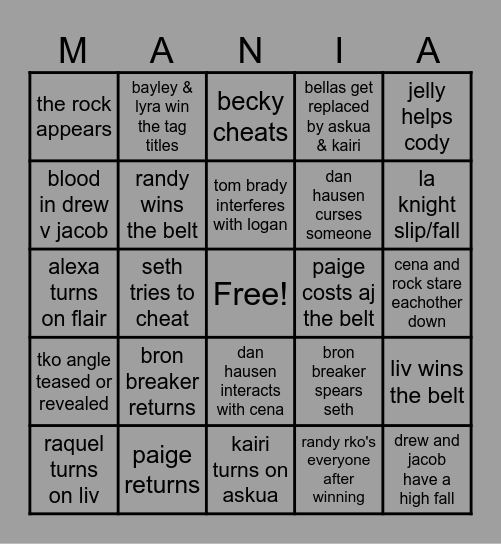 MANIA NIGHT 1 Bingo Card