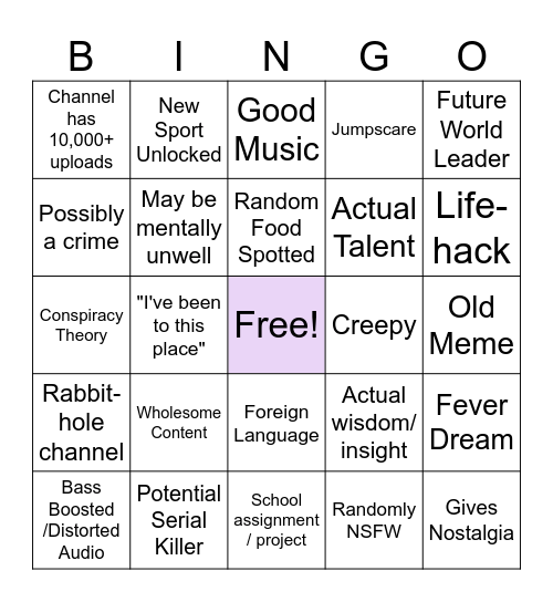 Youtube's Recycle Bin Bingo Card