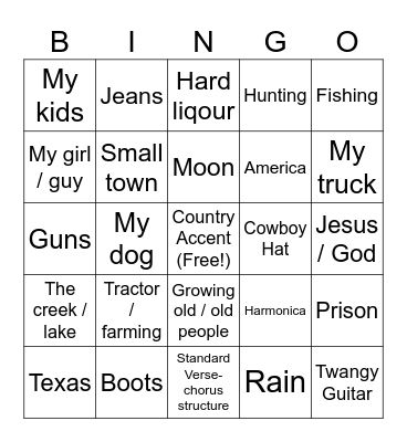 Country Song Bingo Card