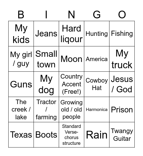 Country Song Bingo Card