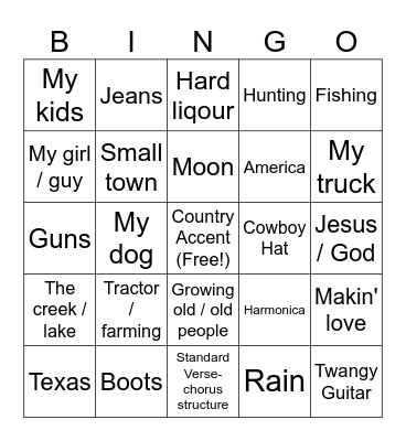 Country Song Bingo Card