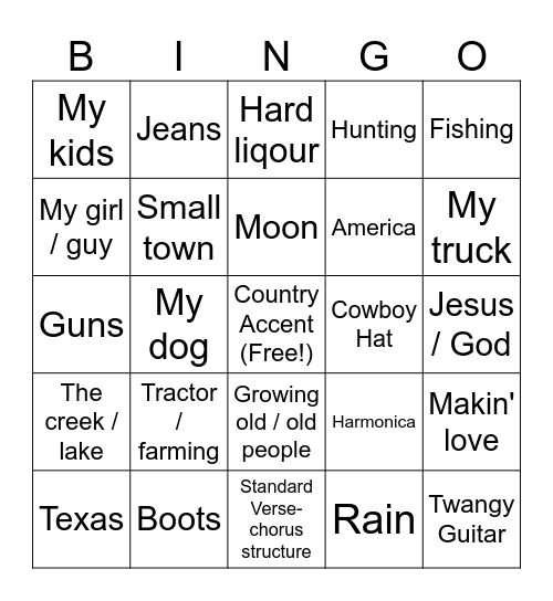 Country Song Bingo Card