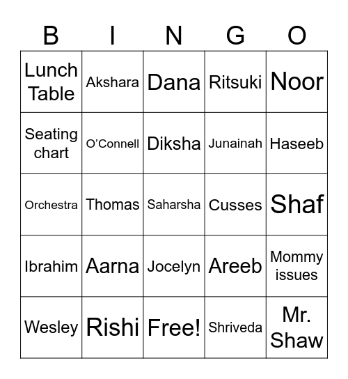 Inaya Bingo Card