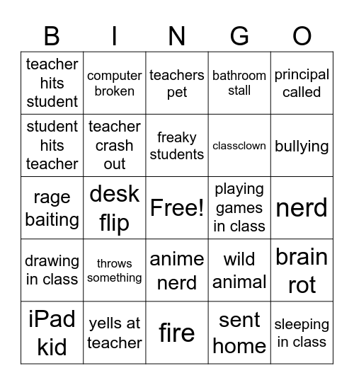 school crashout Bingo Card
