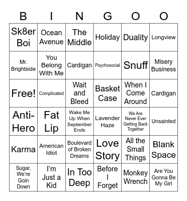 2000's Green Taylor Knot Bingo Card