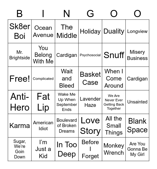 2000's Green Taylor Knot Bingo Card