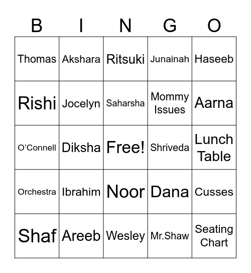 Inaya Bingo Card