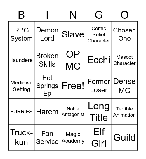 Isekai Bingo Card