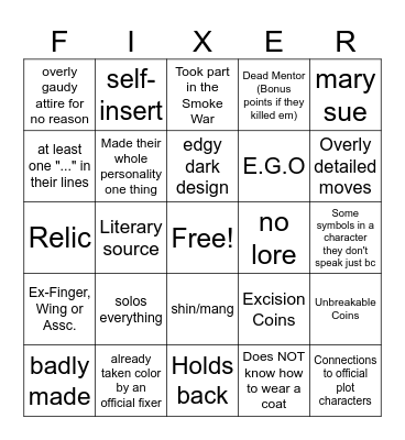 Color Fixer OC Bingo Card