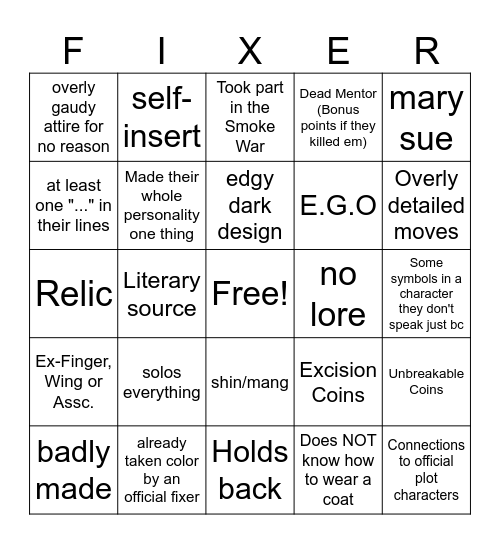 Color Fixer OC Bingo Card