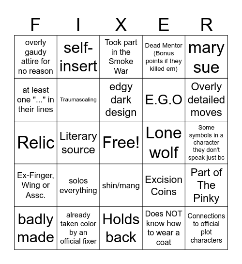 Color Fixer OC Bingo Card