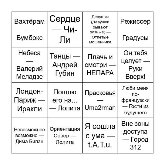 Музыкальное бинго Bingo Card
