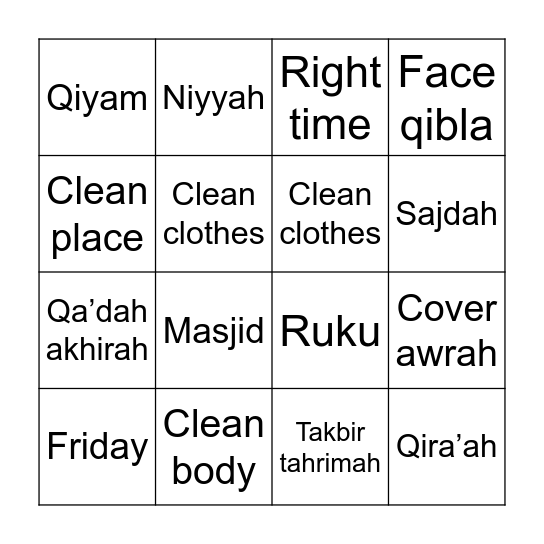 Fard Acts of Salah Bingo Card