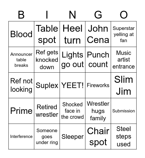 Wrestlemania Bingo Card