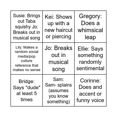 Nia Bingo Card