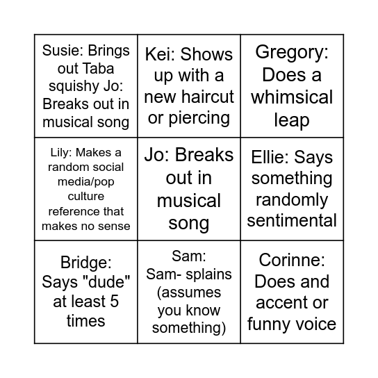 Nia Bingo Card