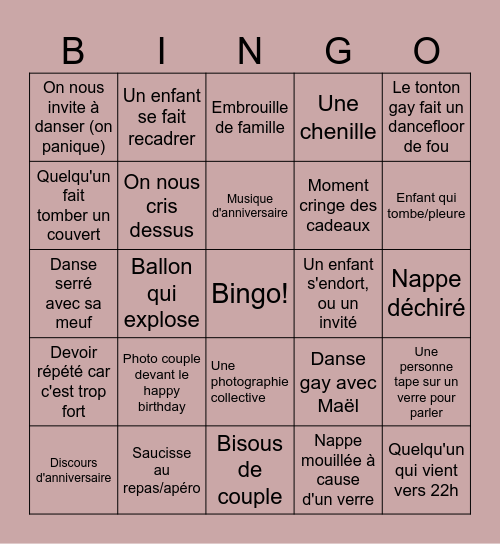 Tim's birthday Bingo Card
