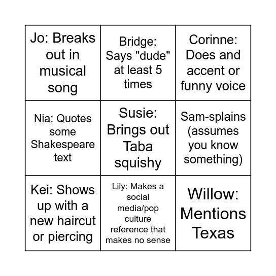 Gregory Bingo Card