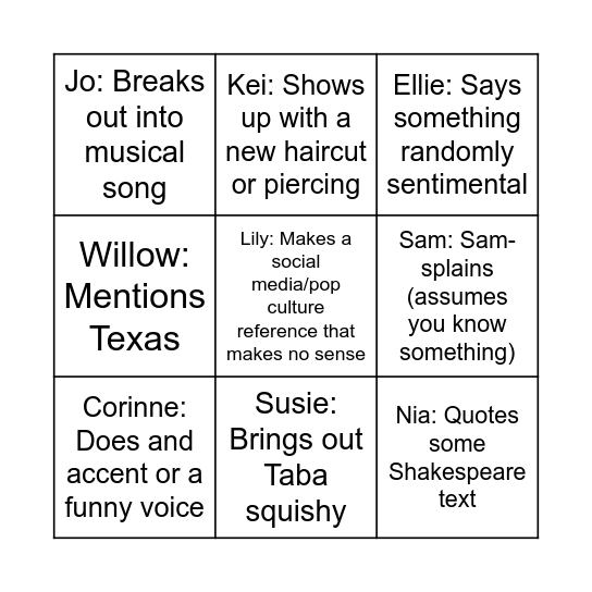 Bridget Bingo Card