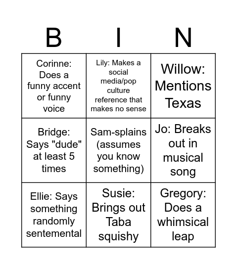 Corinne Bingo Card