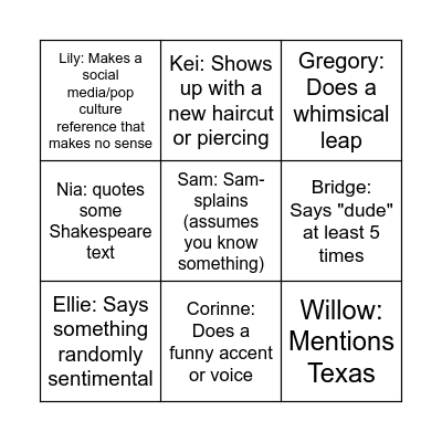 Susie Bingo Card