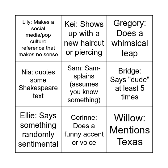 Susie Bingo Card