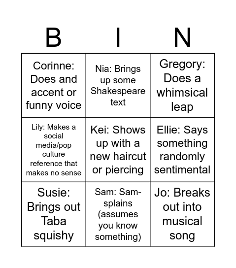 Willow Bingo Card