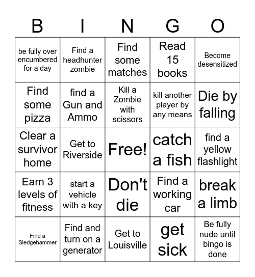zomboid Bingo Card