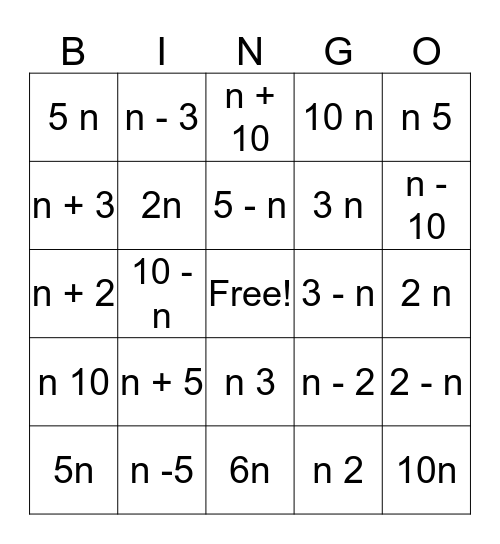Algebraic Expressions BINGO Card