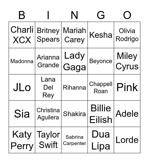 Popstars Bingo Card