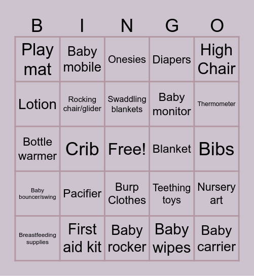 Baby Juliet Gift Bingo Card