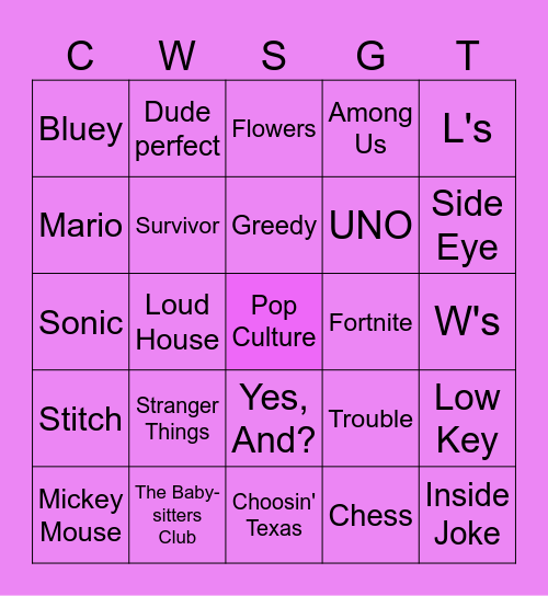 Pop Culture Bingo Card