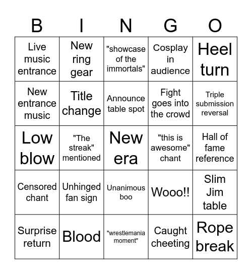 Wrestlemania Bingo Card