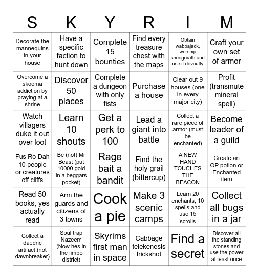 JUNEO'S SKYRIM BINGO Card
