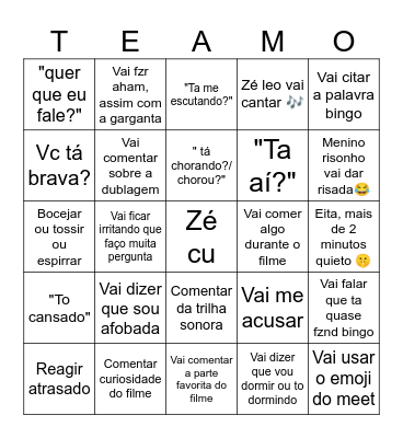 O que o boboca vai falar ou fzr Bingo Card