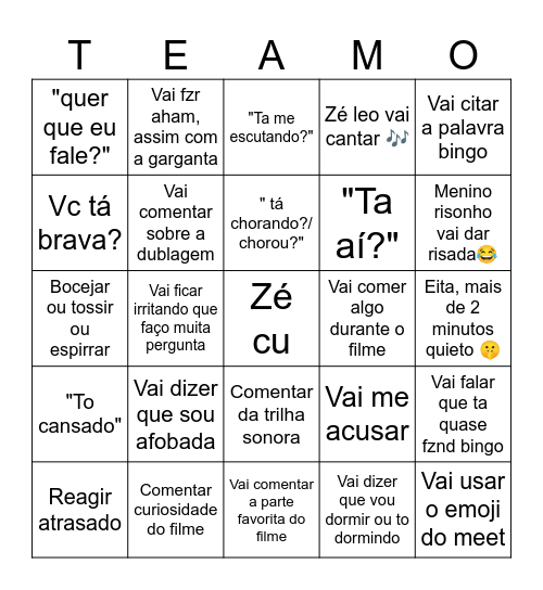 O que o boboca vai falar ou fzr Bingo Card
