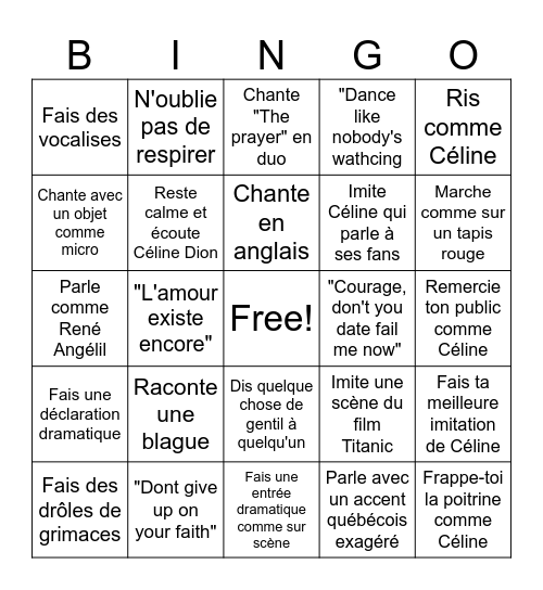 Bingo Céline Dion Bingo Card