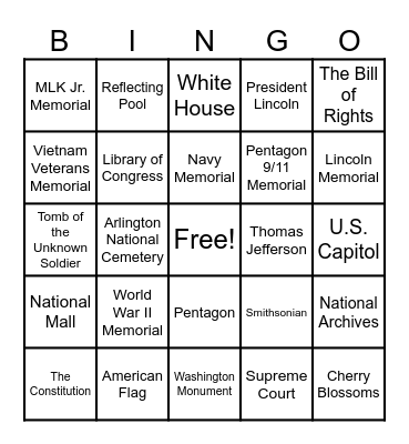 Washington DC Bingo Card