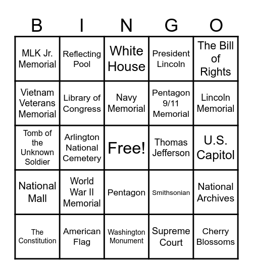 Washington DC Bingo Card