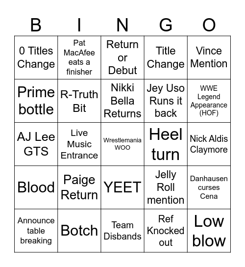 Wrestlemania Night 1 Bingo Card