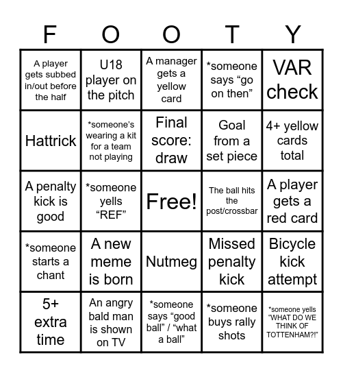 Footy Bingo Card
