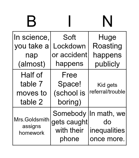 School 1-26-17 Bingo Card
