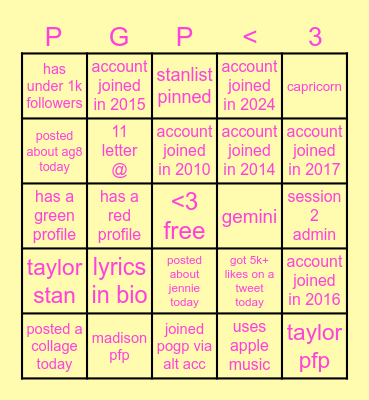 PGP Scavenger Hunt Bingo Card