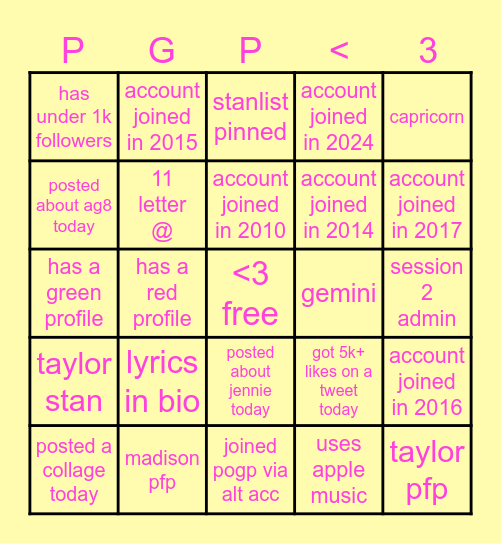 PGP Scavenger Hunt Bingo Card