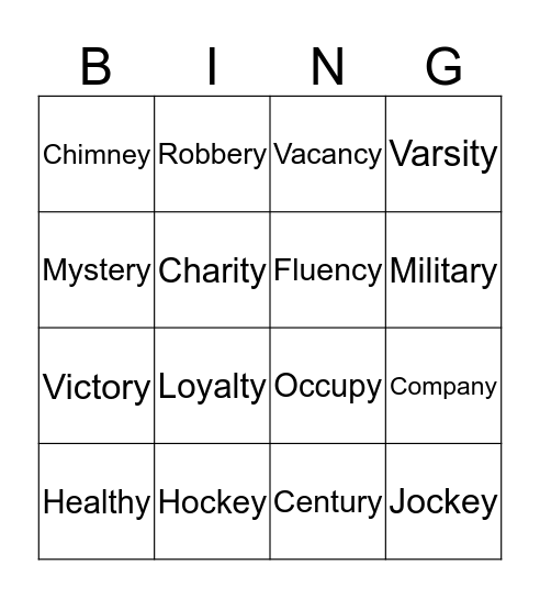 Letter y as a vowel Bingo Card