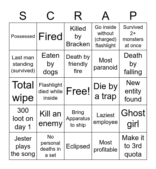 Lethal company Bingo Card
