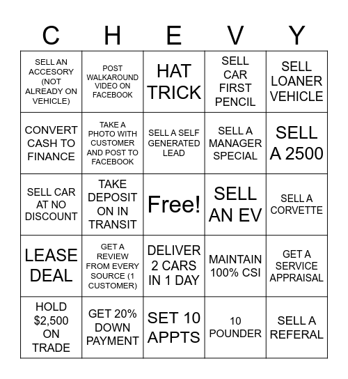 CHEVY Bingo Card