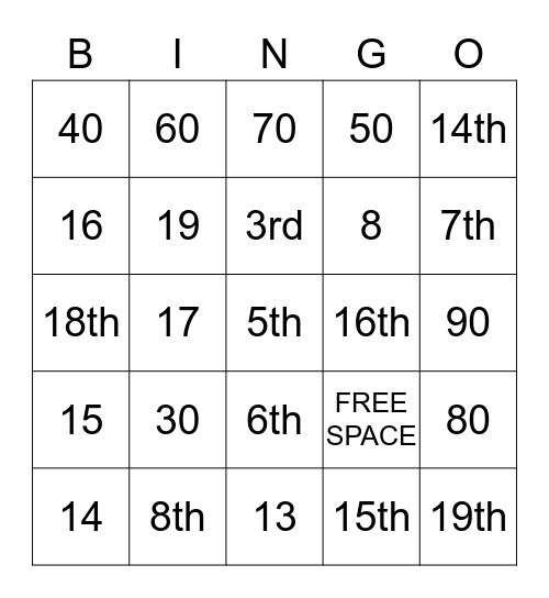 Numbers Bingo Card