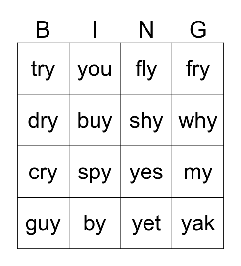 Letter Y Sounds Bingo Card